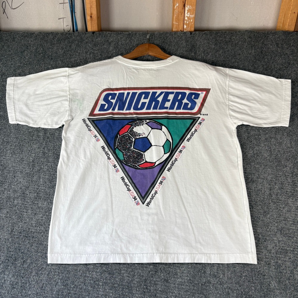 Vintage Snickers World Cup USA 94 Soccer T-Shirt White Mens Large 90s Graphic